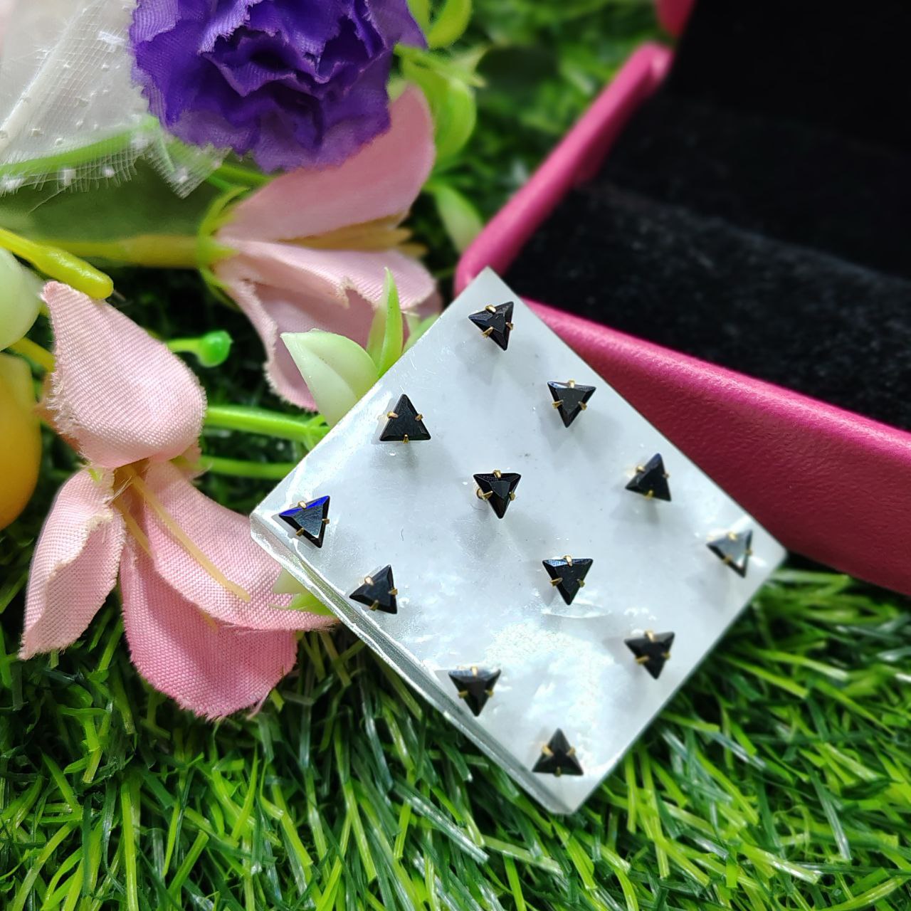 tiny crystal triangle earrings | black Nose pin - Image 4